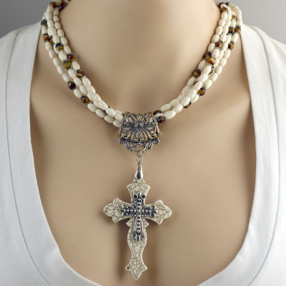 White Turquoise Cross Necklace Earring Set